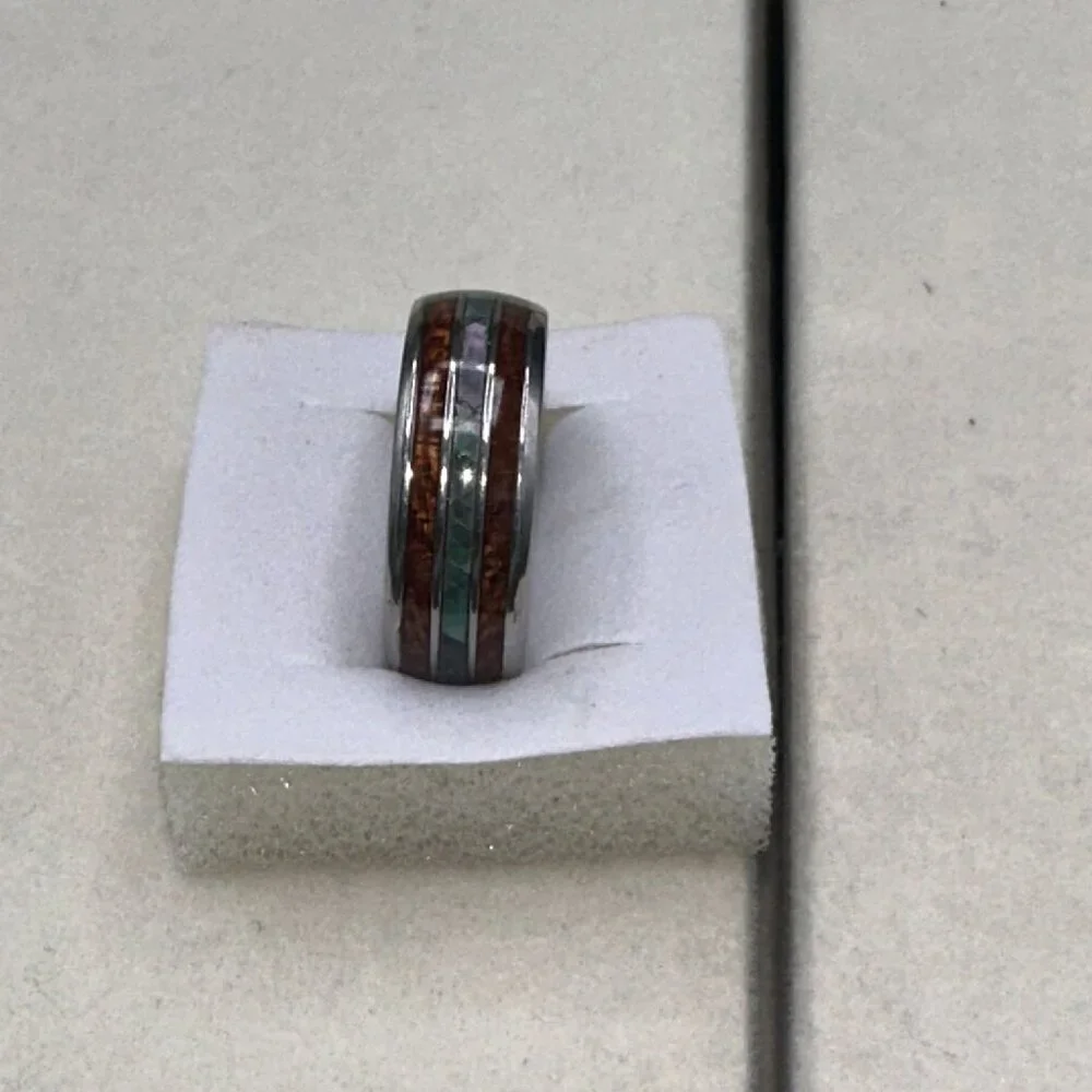 Mens Tungsten Carbide Ring With Wood & Opal Inlay Durable & Stylish Design - Picture 4 of 13